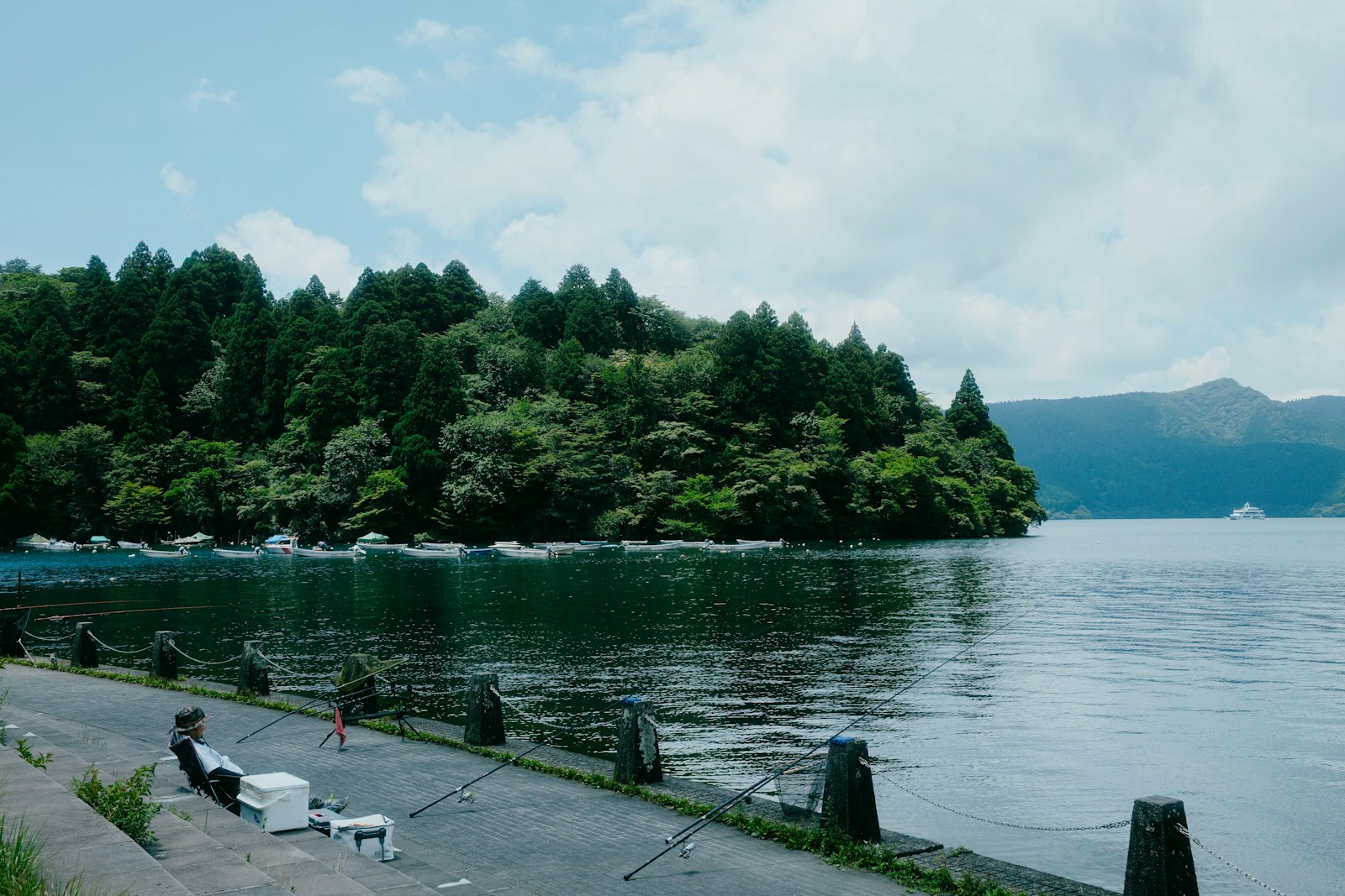 箱根・芦ノ湖の湖畔と山並み